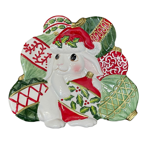 Fitz and Floyd Essentials Canapé Plate Christmas Bunny Blooms Holiday 9X8 - Picture 1 of 7